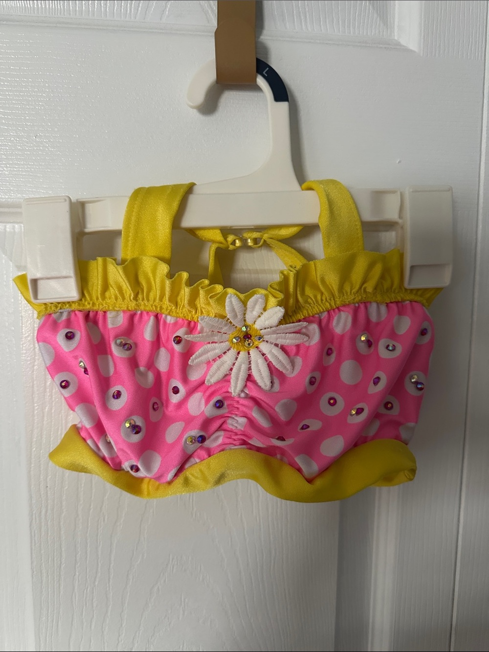 Pink Polka Dot Daisy Dance Top with Yellow Trim and matching high waisted bottom